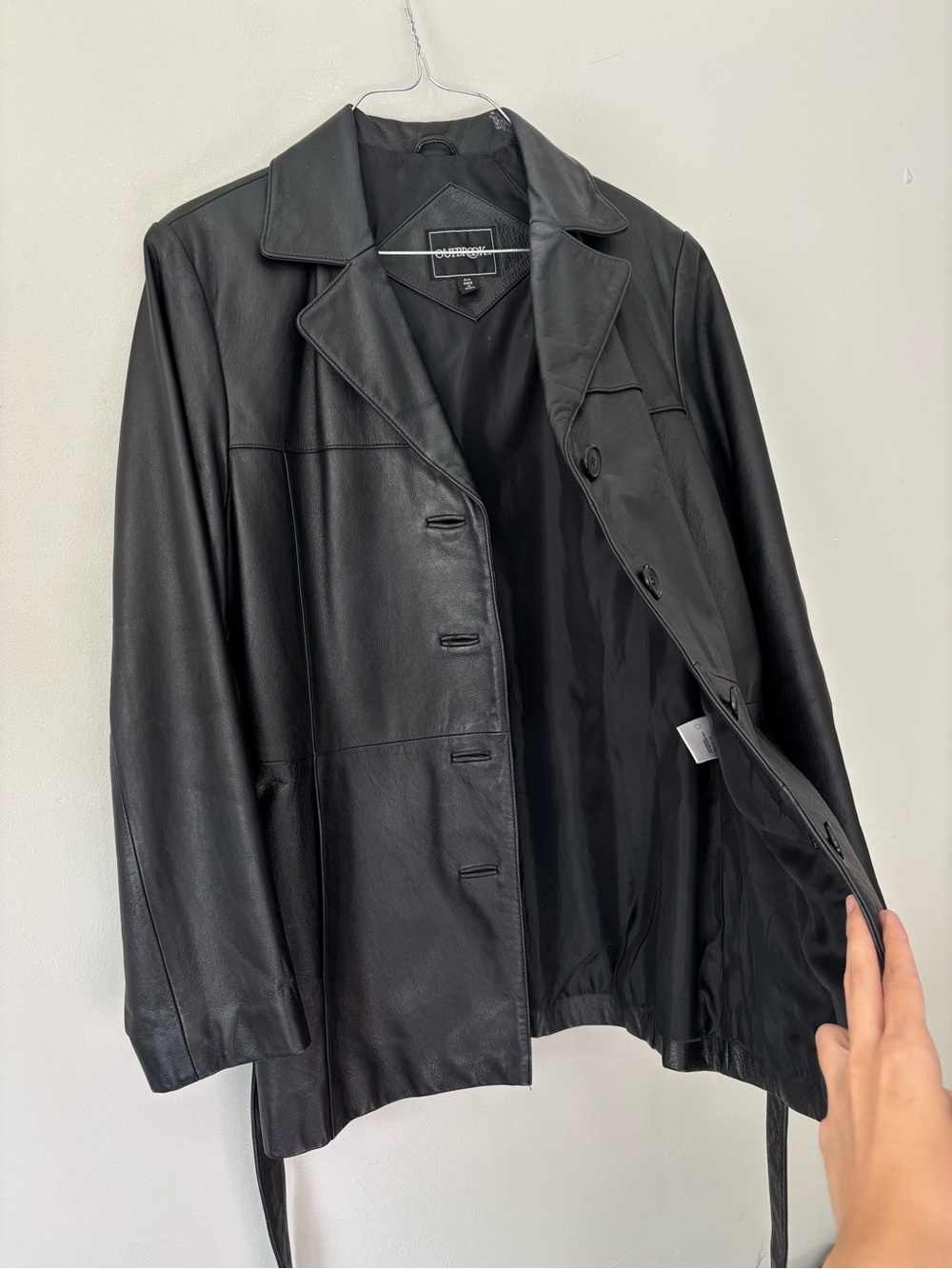 Y2K Preppy Black Leather Grunge Tie Belt Button Up Streetwear Midi Jacket Medium
